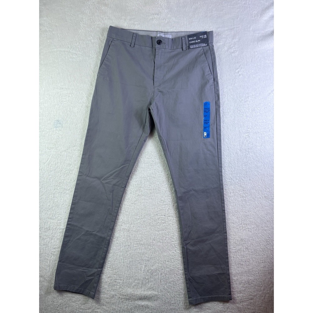 Denim Co Size 34x32 Slim Fit Casual Chino Trousers Gray Long Pants Men